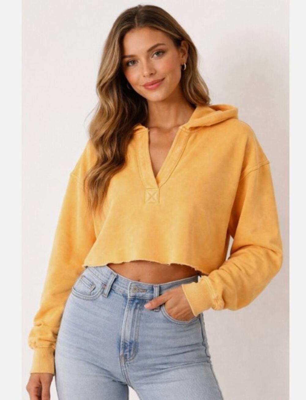 Aerie Womens Hoodie Sweatshirt Yellow Orange XS Cropped V-Neck Raw Hem